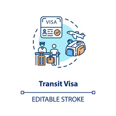 Transit visa concept icon. Abroad travel. Tourist document application. Airport passport control idea thin line illustration. Vector isolated outline RGB color drawing. Editable stroke