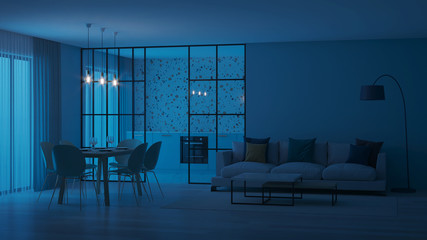 Modern house interior. Blue kitchen with terrazzo apron behind glass partitions. Night. Evening lighting. 3D rendering.