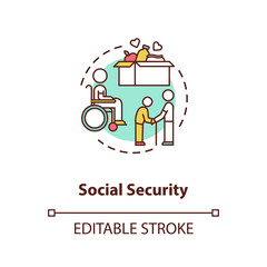Social security concept icon. People in need help. Old age pensioners support. Voluntary service. Food donation idea thin line illustration. Vector isolated outline RGB color drawing. Editable stroke