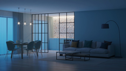 Modern house interior. Blue kitchen with terrazzo apron behind glass partitions. Night. Evening lighting. 3D rendering.