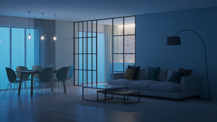 Modern house interior. Blue kitchen with terrazzo apron behind glass partitions. Night. Evening lighting. 3D rendering.