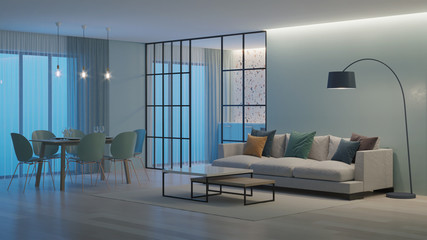 Modern house interior. Blue kitchen with terrazzo apron behind glass partitions. Night. Evening lighting. 3D rendering.