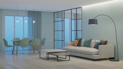 Modern house interior. Blue kitchen with terrazzo apron behind glass partitions. Night. Evening lighting. 3D rendering.