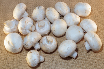 Raw champignons ready for cooking. Fresh mushrooms, as a concept of a diet or vegetarian food.