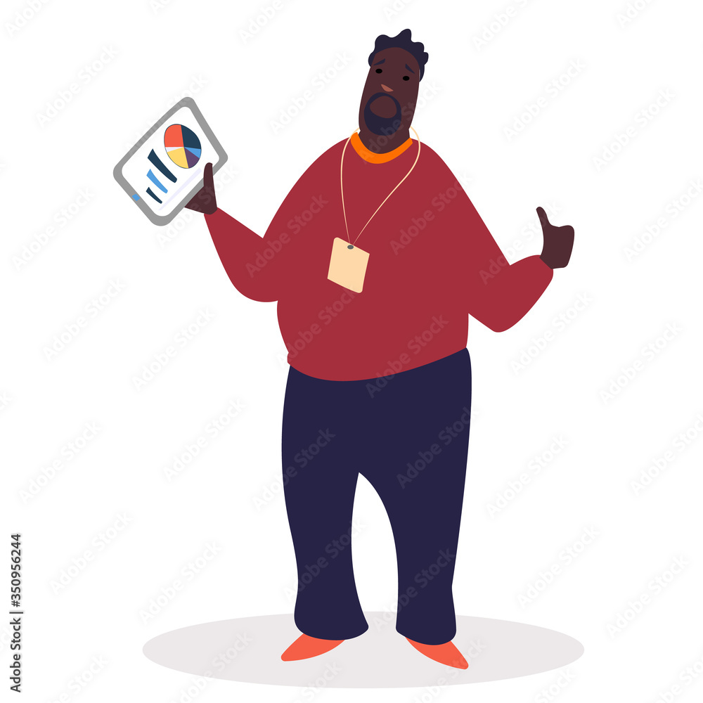 Poster worker character holding paper with diagram report. employee communication with tasks appointments a