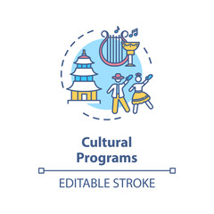 Cultural programs concept icon. Multicultural society. Ethnic holidays celebration. People diversity idea thin line illustration. Vector isolated outline RGB color drawing. Editable stroke