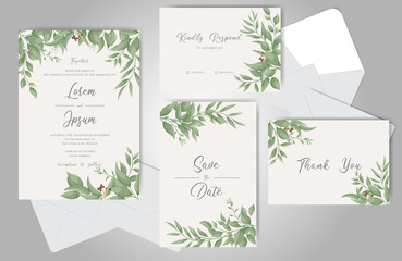 Greenery Wedding invitation cards bundle template