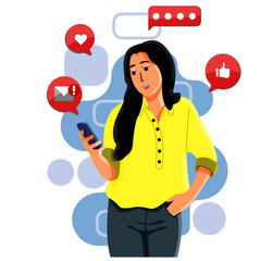 woman using mobilephone. social networking. working and messaging. vector and illustration.