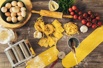 Different types of homemade pasta. Fresh pasta homemade preparation