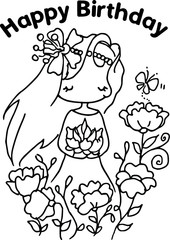 cartoon cute girl happy birthday card 