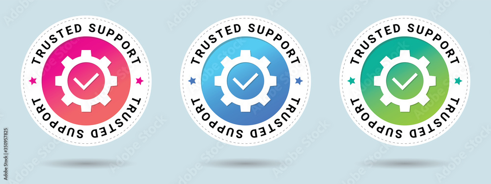 Aufkleber gear with tick mark icon. trusted support stamp vector illustration. vector certificate icon. set of
