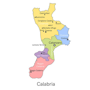 Vector illustration: administrative map of Сalabria with the borders of the provinces. Names of cities, regions and communes of Сalabria