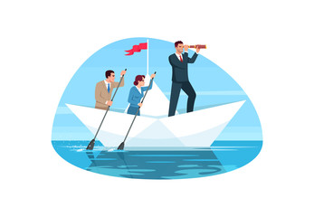 Corporate teamwork semi flat vector illustration. Company management. Team cooperation with leader. Executive boss motivate group. Business people 2D cartoon characters for commercial use