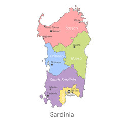 Vector illustration: administrative map of Sardinia with the borders of the provinces. Names of cities, regions and communes of Sardinia