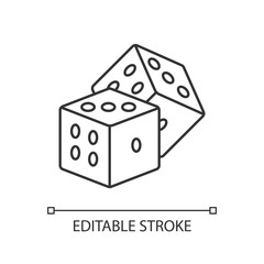 Dice games pixel perfect linear icon. Traditional board games, gambling thin line customizable illustration. Contour symbol. Cubes with dots vector isolated outline drawing. Editable stroke