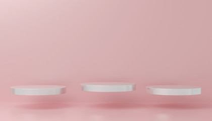 Empty white podium with hipster abstract Pink mock up cosmetic presentation background, 3d illustration pedestal for display composition, platforms for creative Minimal concept.