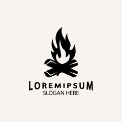 vintage Hipster bonfire Campfire logo badge label vector illustration on dark background. Crossed logs of wood and fire flame Classic badge