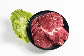 Freshness raw beef in pieces with white background.