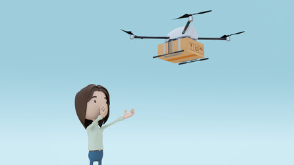 Drone delivering parcel to a girl, quadcopter, concept of delivery, box transportation innovation technolodgy, 
3d rendering.