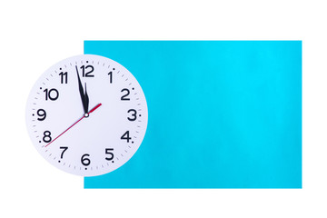 Clock on a white background with lunch time and place for text on a blue background