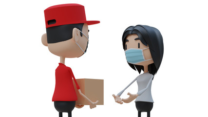3D character of a young woman receiving parcel from delivery service courier through smart phone screen. 
Delivery and post apps concept. 3d rendering on white background.