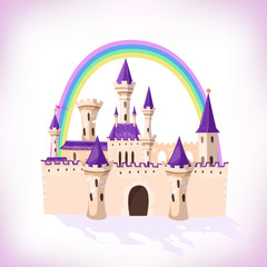FairyTale castle. Cartoon castle. Fantasy fairy tale palace with rainbow. Vector illustration.