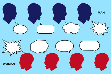 Man and woman side face silhouette talk with speech bubble　set , vector illustration