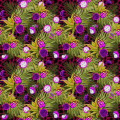seamless pattern tropical forest fruit pitaya