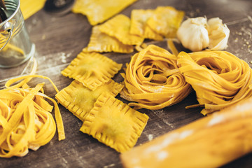 Different types of homemade pasta. Fresh pasta homemade preparation