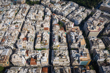 Aerial top down view of streets and buildings pattern in Athens, Greece