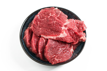 Freshness raw beef in pieces with white background.