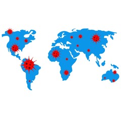Blue world map with foci of caronovirus. Vector icons on a white background.