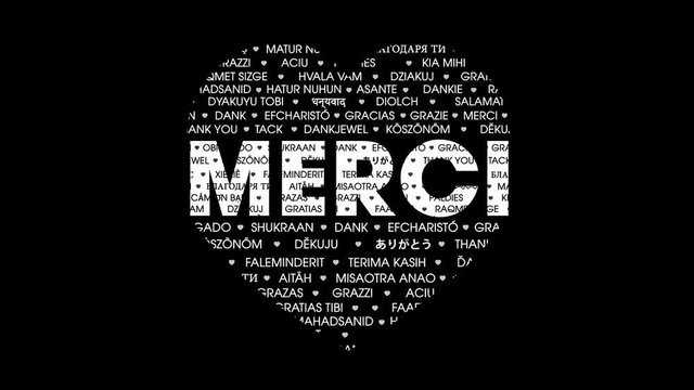 &ldquo;Merci&rdquo; Multi language tag words  forming a heart icon silhouette playing seamlessly loop in 4K resolution with alpha channel