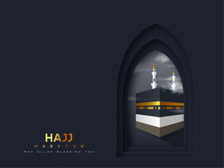 Hajj Mabrour vector banner. Realistic Kaaba and mosque with clouds in the arabic window. Islamic pilgrimage to Mecca, Saudi Arabia. Dark blue background.