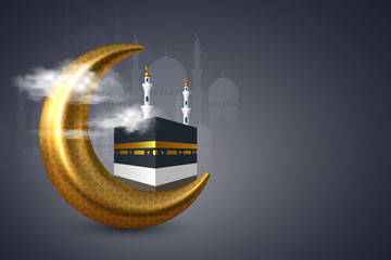 Holy Kaaba with mosque and golden crescent in the clouds. Realistic style, night dark blue background. Design for islamic celebration Hajj or Eid al-Adha with copy space. © ludmila_m