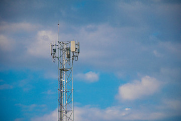 Telecommunication tower of 4G and 5G cellular. Antenna transmission communication. Cell phone signal base station.