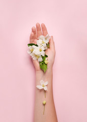 in the hands of a woman are young tender flowers. The concept of health, motherhood, ecology, body care. View from above
