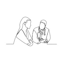 Continuous line drawing of doctor talk and consulting patient. vector illustration