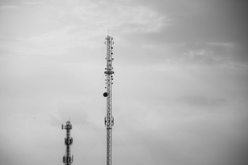 Telecommunication tower of 4G and 5G cellular. Antenna transmission communication. Cell phone signal base station.