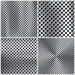 Realistic perforated brushed metal textures set. Polished stainless steel background. Vector illustration.