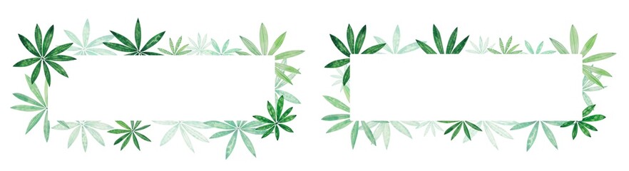 Rectangular frames of hand painted watercolor Lupine leaves isolated on white background. Emerald green and light pastel green color illustration. Tropical leaves theme. Copy space.