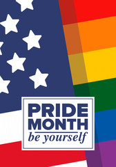 LGBT Pride Month in June. Lesbian Gay Bisexual Transgender. Celebrated annual. LGBT flag. Rainbow love concept. Human rights and tolerance. Poster, card, banner and background. Vector ilustration