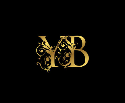 Luxury Gold Y, B and YB  Letter Floral logo. Vintage Swirl drawn emblem for weeding card, brand name, letter stamp, Restaurant, Boutique, Hotel.
