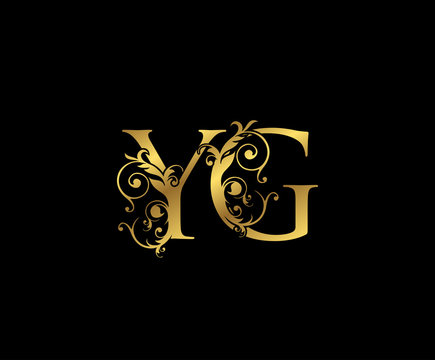 Luxury Gold Y, G and YG  Letter Floral logo. Vintage Swirl drawn emblem for weeding card, brand name, letter stamp, Restaurant, Boutique, Hotel.