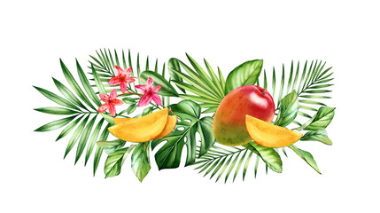 Obraz na płótnie Canvas Watercolor mango fruits. Horizontal border with juicy red fruits and tropical leaves. Botanical realistic hand drawn illustration 