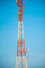 Telecommunication tower of 4G and 5G cellular. Antenna transmission communication. Cell phone signal base station.