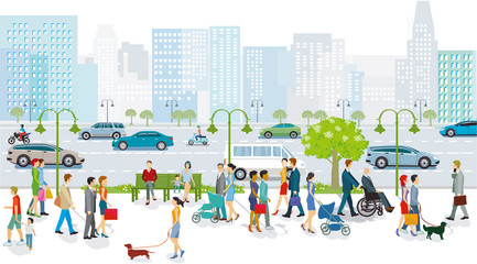 Großstadt mit Öffentlichen Verkehr, Fußgänger und Straßenverkehr, Illustration