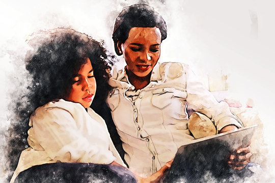 African american mother with daughter is sitting laptop on holiday in house on watercolor illustration painting background.