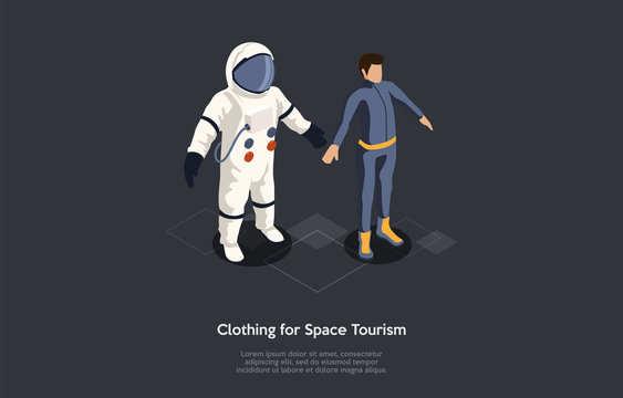 Isometric 3D Space Tourism Concept. Astronaut Trying On Spacesuit Before Travel Into Space. Adapting humans on Mars. Exploration of Mars. Research of Soil And Atmosphere. Cartoon Vector Illustration