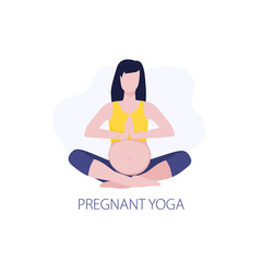 Vector illustration of pregmant girl or woman doing yoga class. Healthy fitness pregnant, sport in pregnancy. Home activity, healthy lifestyle.